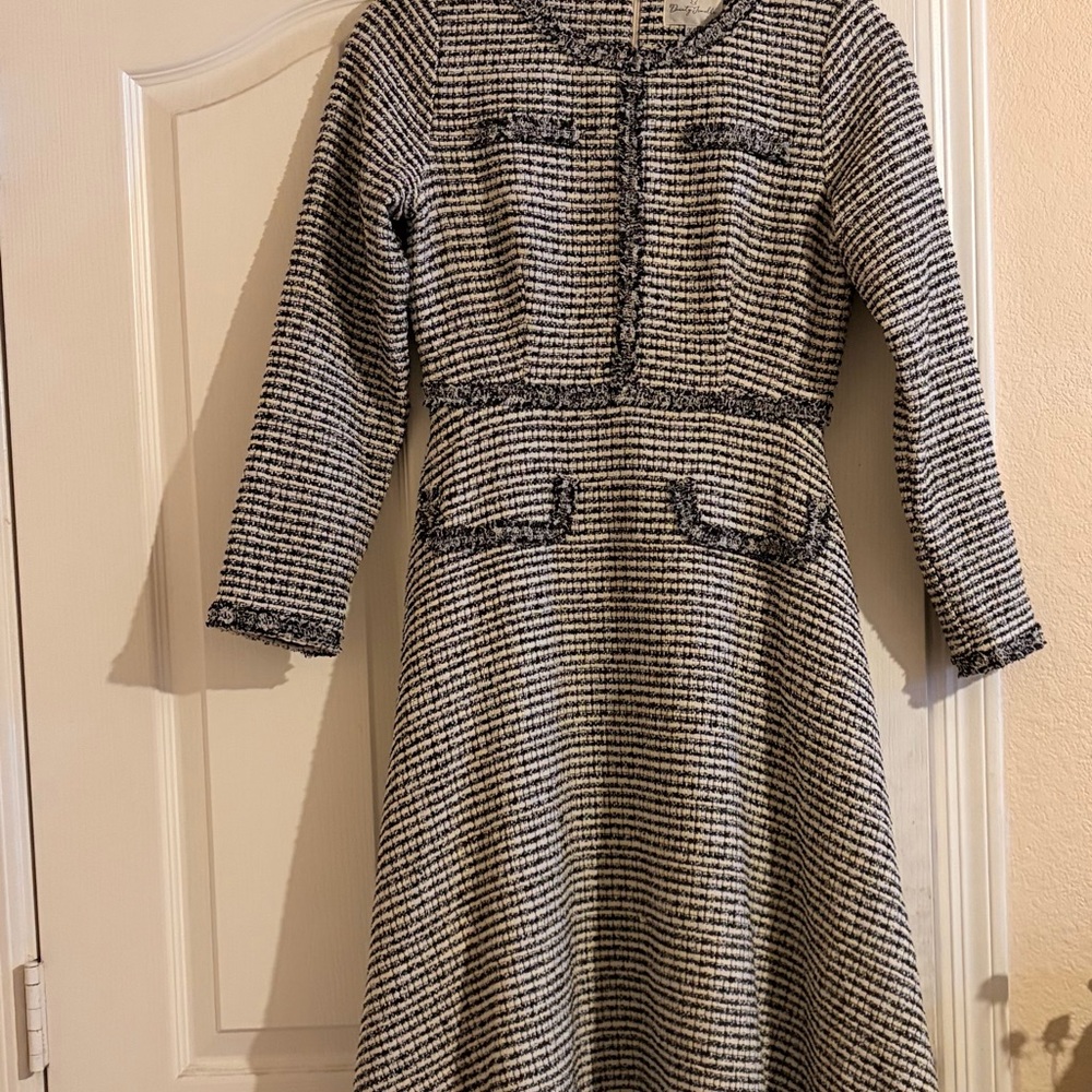 Dainty Jewells Black and White Tweed Long Sleeve Fit-and-Flare Dress
